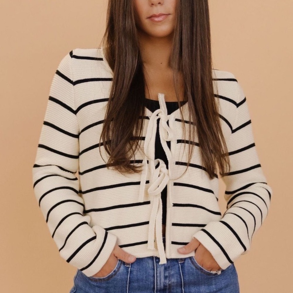 Miou Muse Striped Tie Front Cardigan Sweater Cream Black Cotton J4757 Womens S